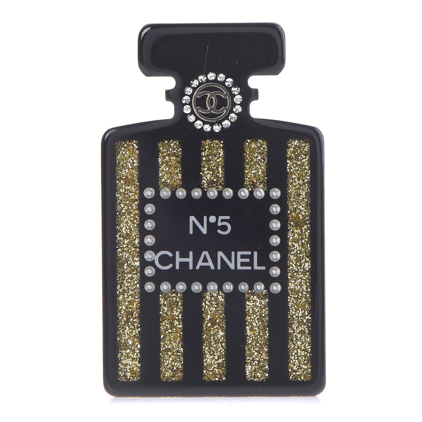 Resin Strass Perfume Bottle CC Brooch Black Gold