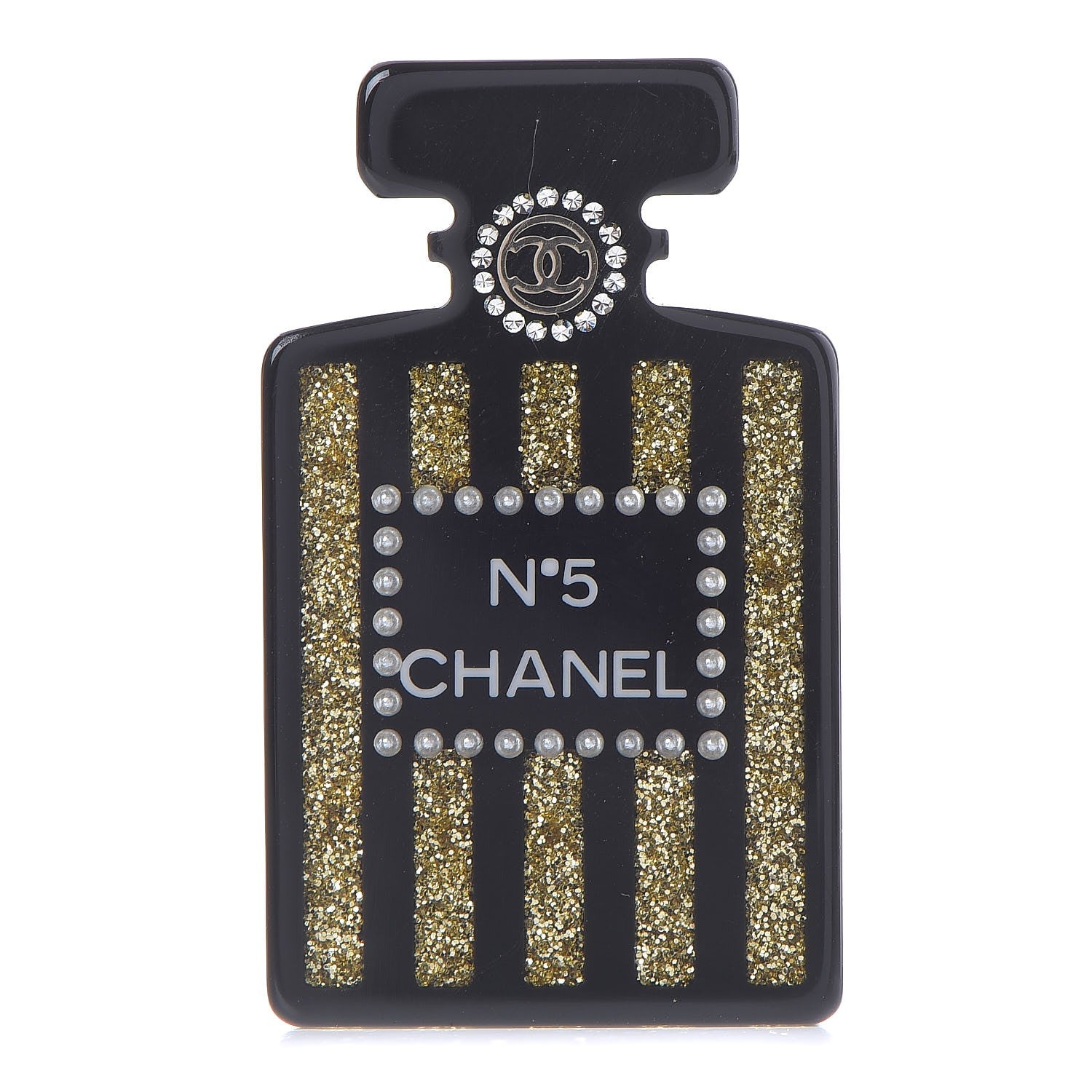 Chanel Resin Strass Perfume Bottle CC Brooch Black Gold 1 of 5