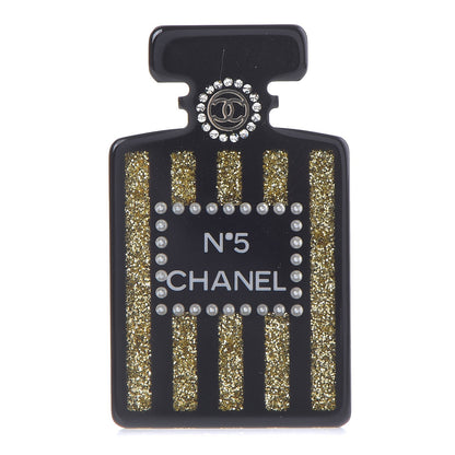 Chanel Resin Strass Perfume Bottle CC Brooch Black Gold 1 of 5
