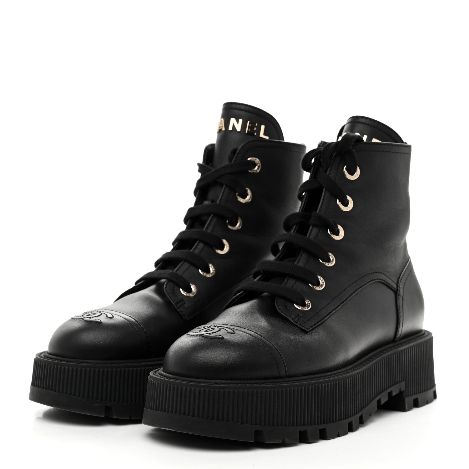 Chanel Grained Calfskin Shiny Calfskin CC Lace Up Combat Boots