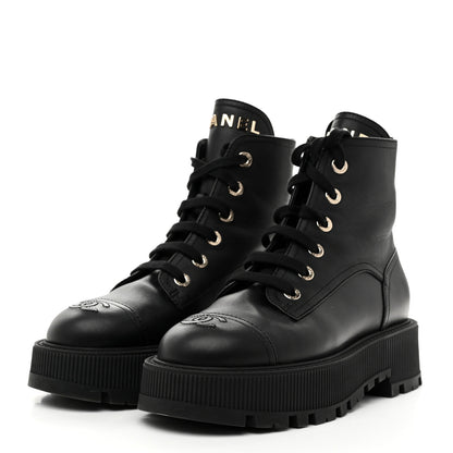 Chanel Grained Calfskin Shiny Calfskin CC Lace Up Combat Boots 37.5 Black 4 of 9