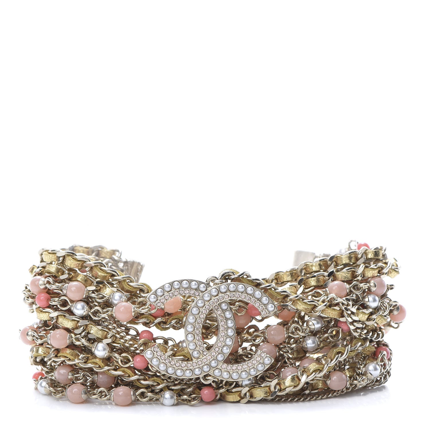 Chanel Crystal Pearl Resin Multistrand Chain CC Bracelet Gold Multicolor 1 of 4