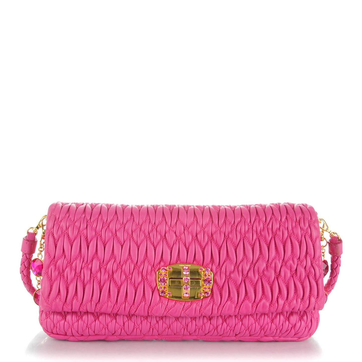 Nappa Matelasse Crystal Flap Clutch Fuxia