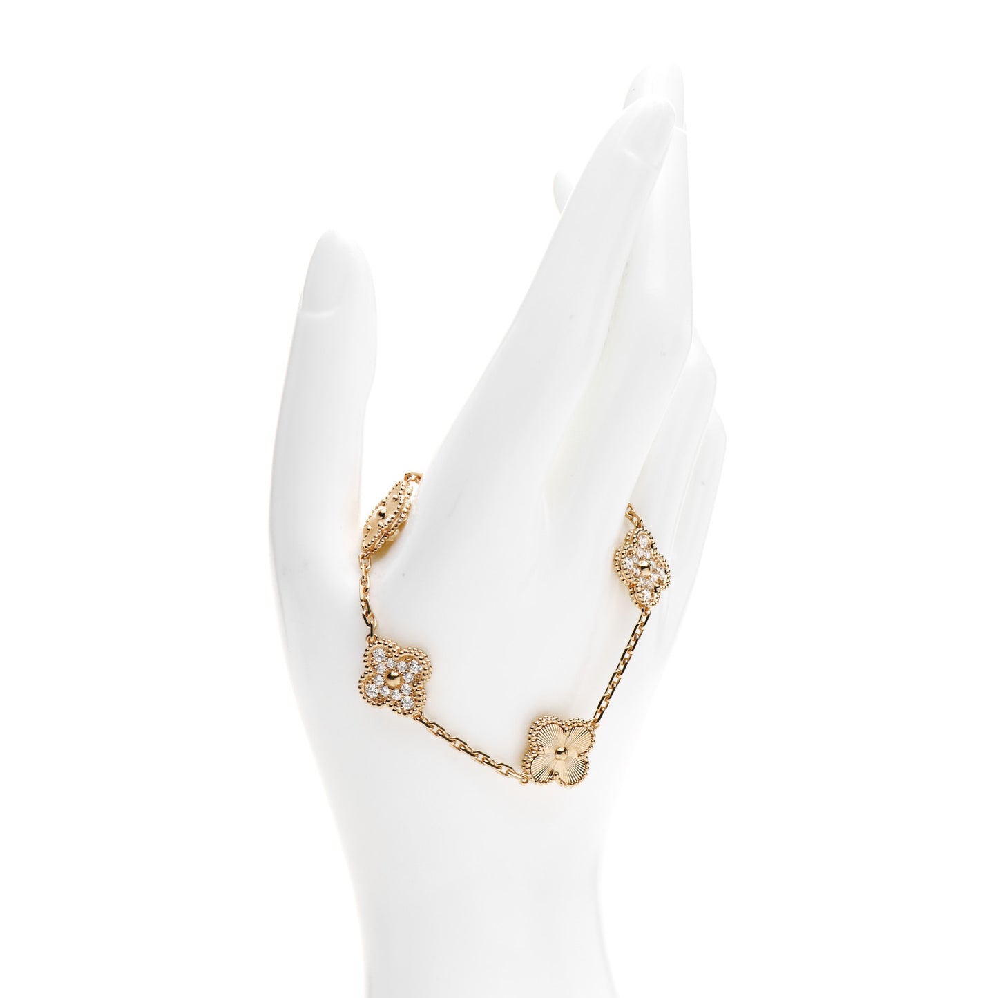 18K Yellow Gold Diamond 5 Motifs Guilloche Vintage Alhambra Bracelet