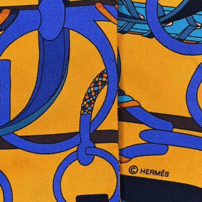 Hermes Silk Panoplie Equestre Fringed Twilly Curry Bleu 4 of 4