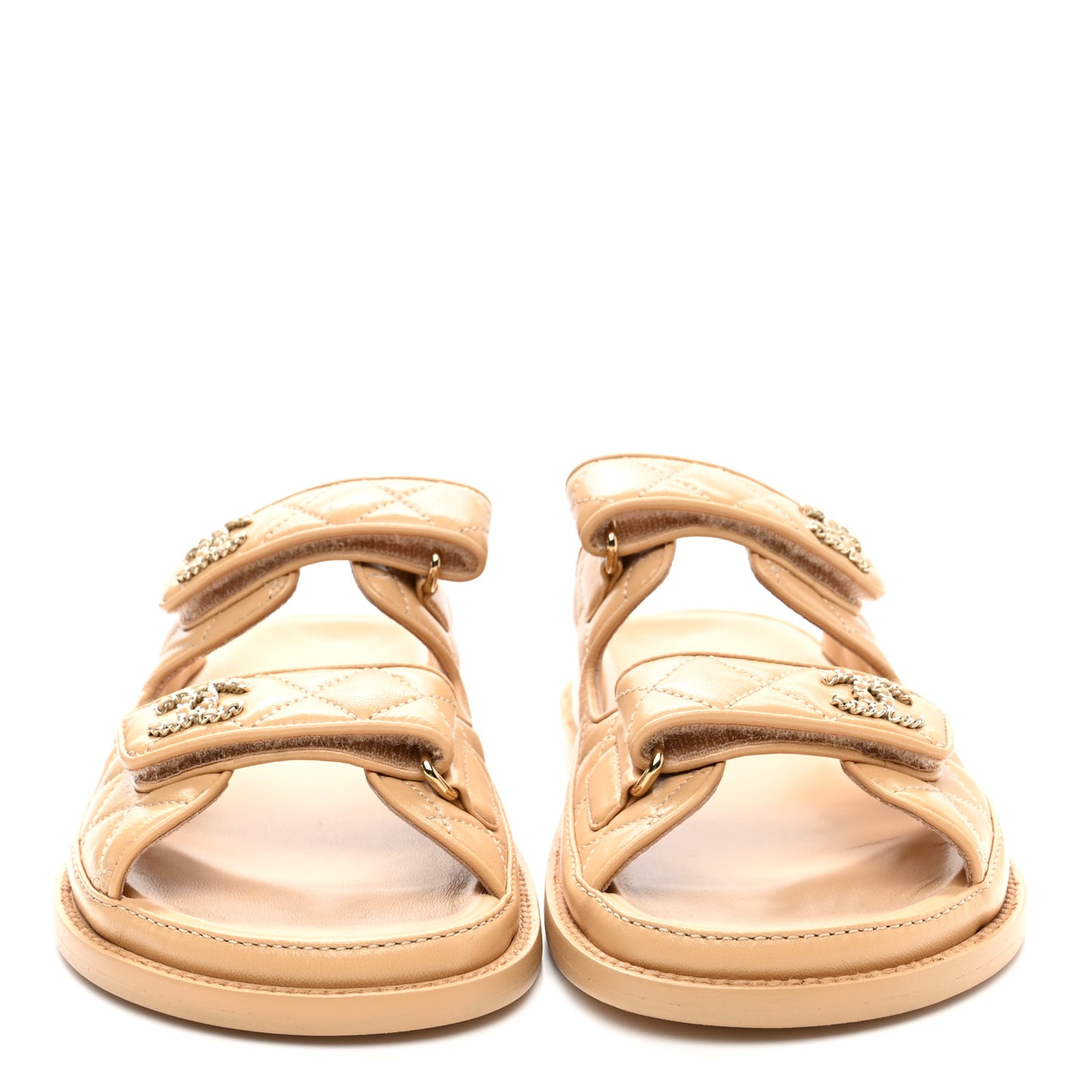 Lambskin Quilted Velcro Dad Chain CC Slide Sandals 39 Beige