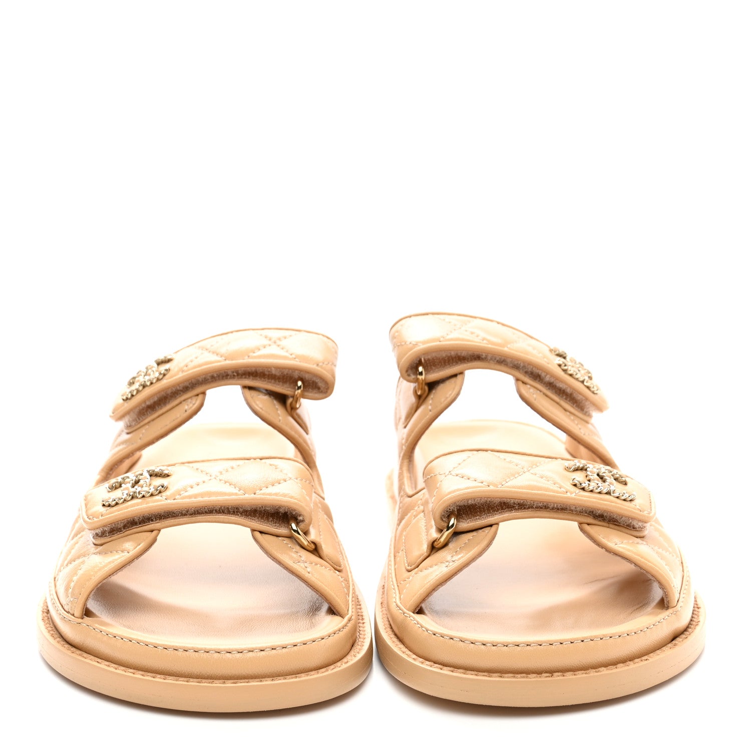 Chanel Lambskin Quilted Velcro Dad Chain CC Slide Sandals 39 Beige 2 of 12