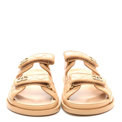 Chanel Lambskin Quilted Velcro Dad Chain CC Slide Sandals 39 Beige 2 of 12
