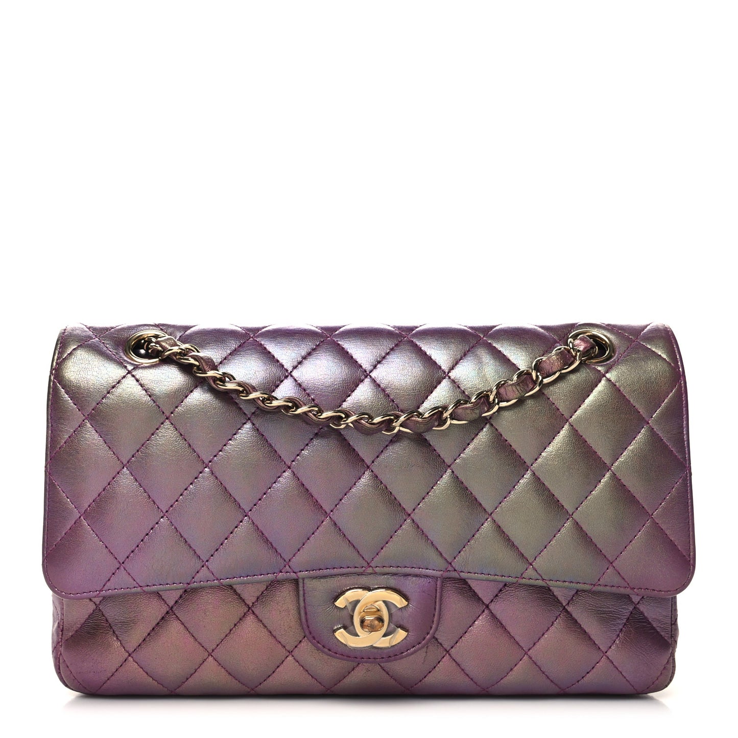 Iridescent Lambskin Quilted Medium Double Flap Purple