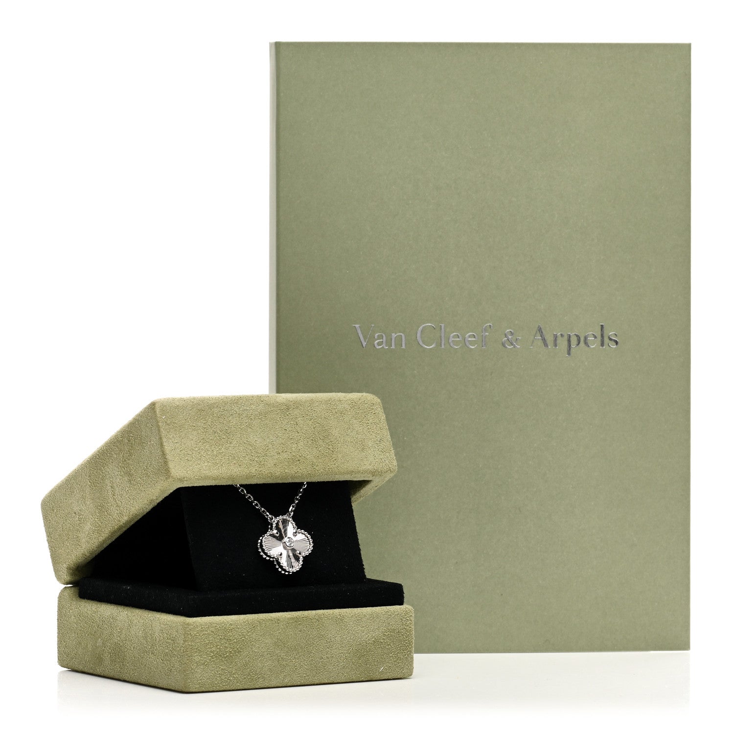 Van Cleef & Arpels 18K White Gold Diamond Guilloche Vintage Alhambra Pendant Necklace 6 of 6
