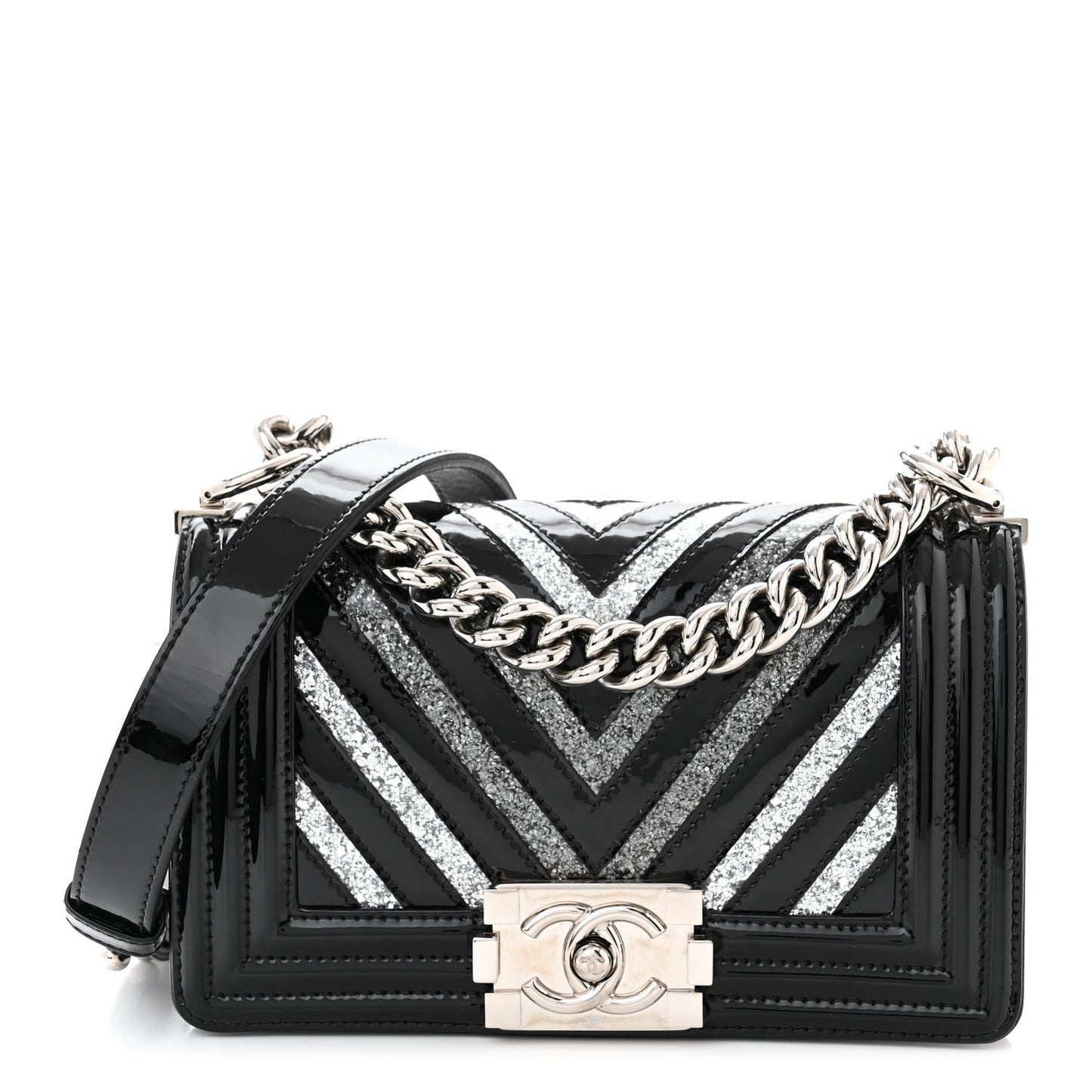 Patent Glitter PVC Chevron Quilted Small Boy Flap Black Silver