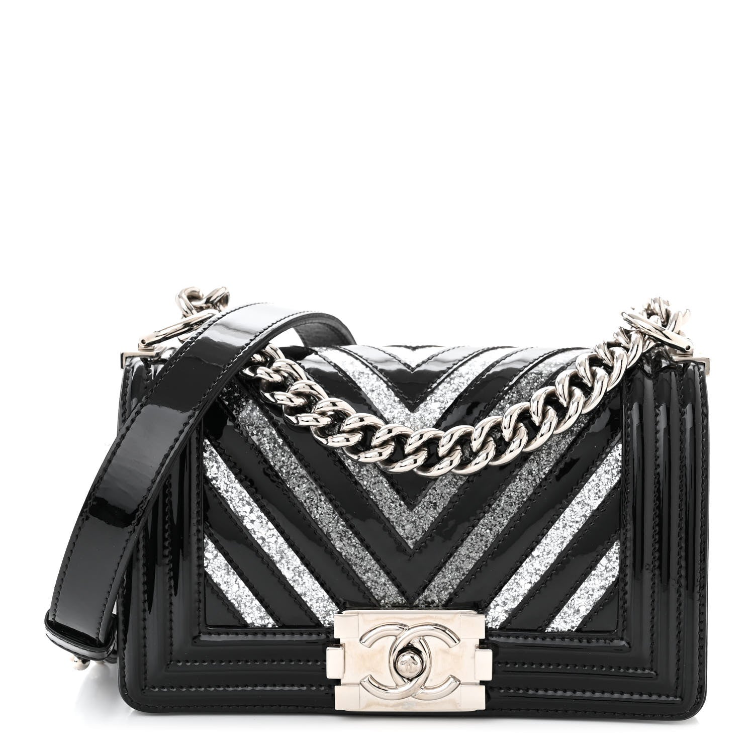 Chanel Patent Glitter PVC Chevron Quilted Small Boy Flap Black Silver 1 of 10