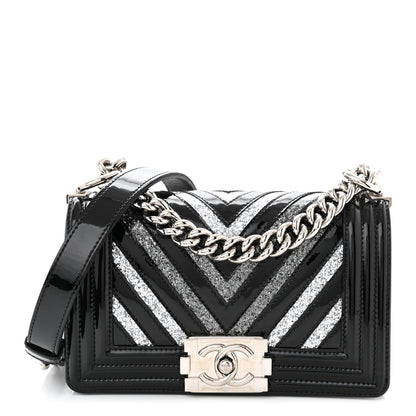 Chanel Patent Glitter PVC Chevron Quilted Small Boy Flap Black Silver 1 of 10
