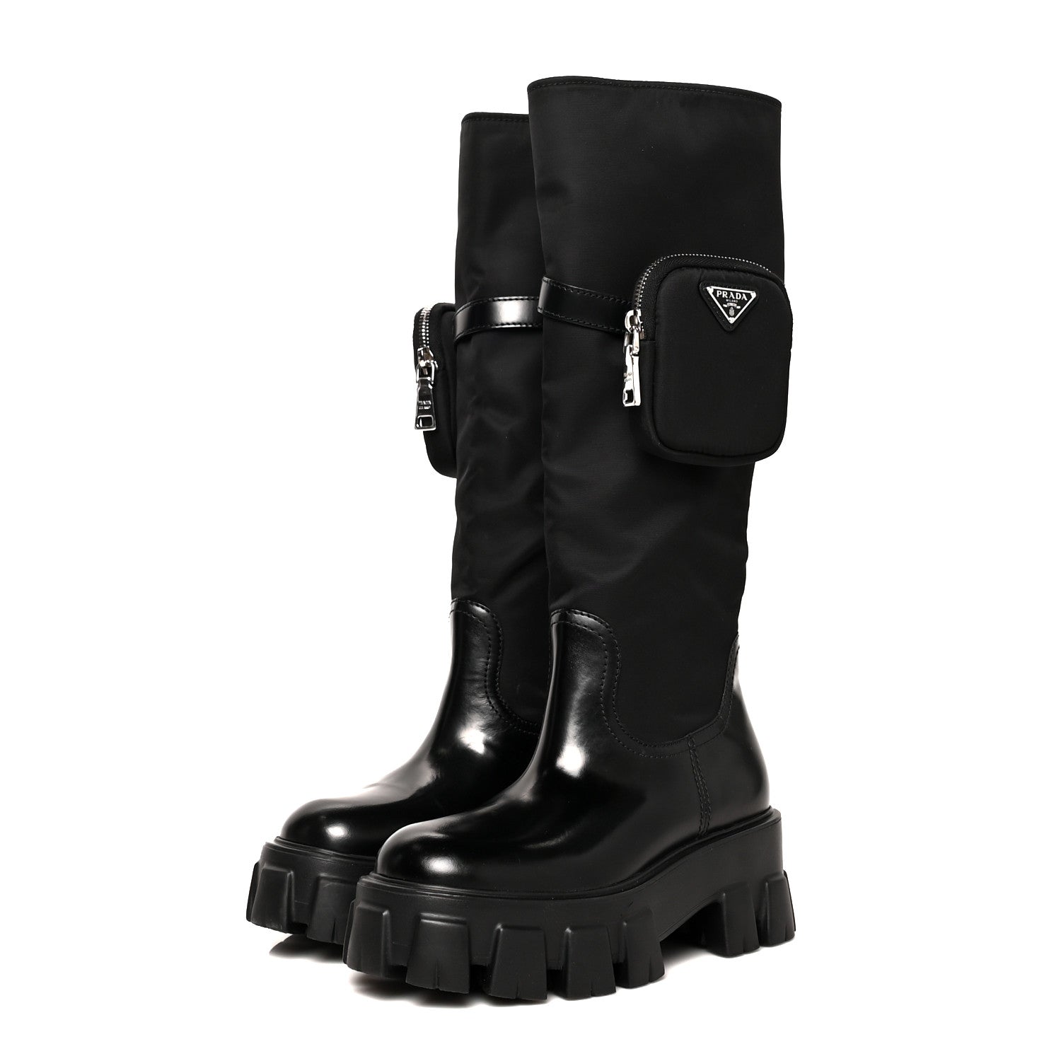 Prada Spazzolato Rois Re-Nylon Metal Triangle Logo Monolith Pouch Pocket 55mm Tall Boots 36 Black 3 of 11