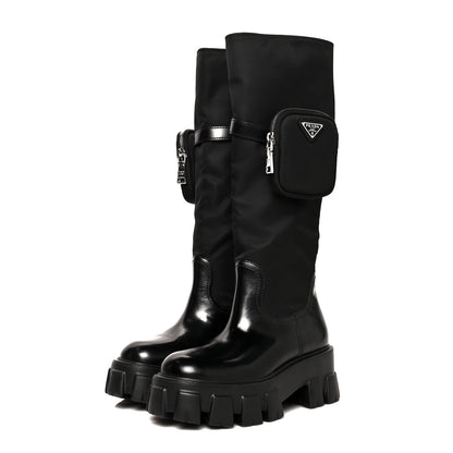 Prada Spazzolato Rois Re-Nylon Metal Triangle Logo Monolith Pouch Pocket 55mm Tall Boots 36 Black 3 of 11