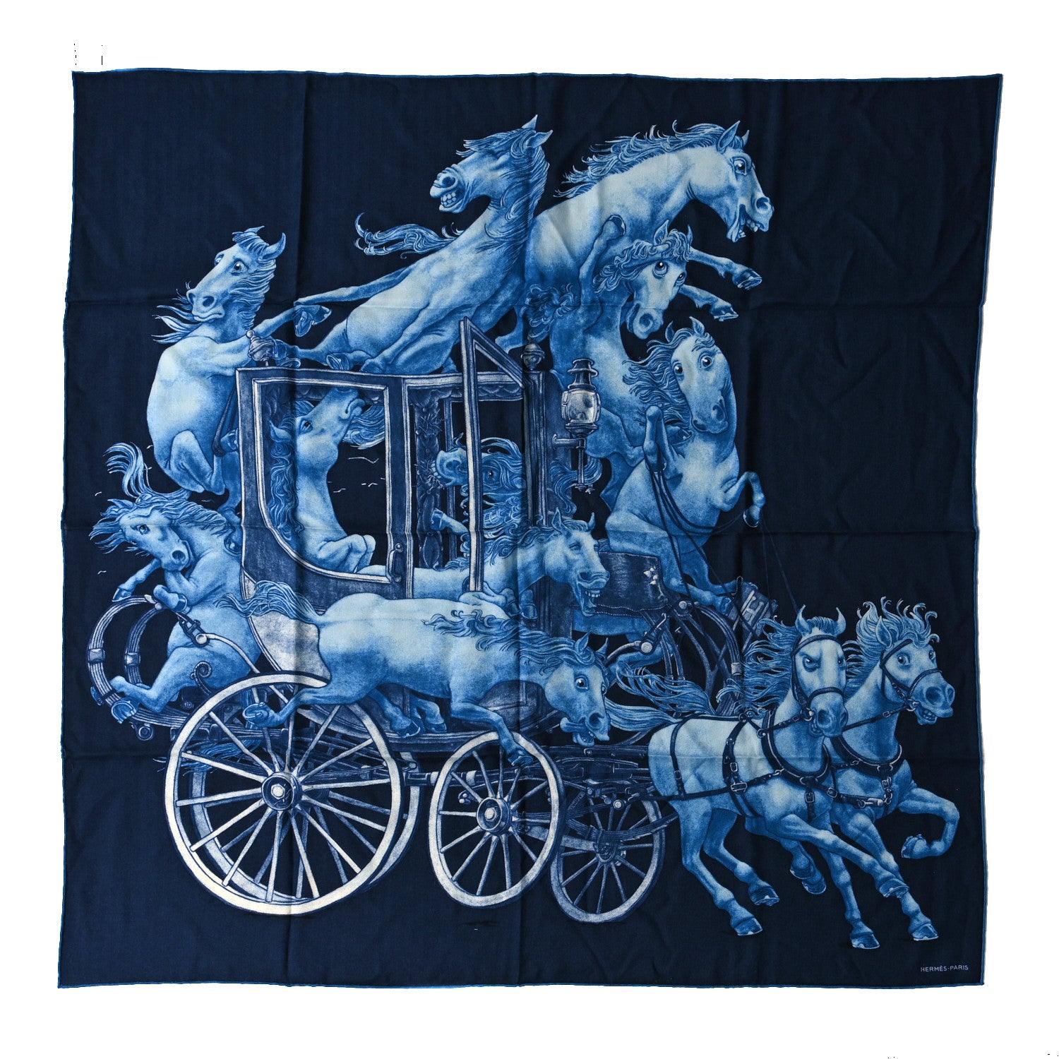 Hermes Cashmere Silk Grand Carrosse Royal Scarf 100 Marine Bleu White 1 of 4