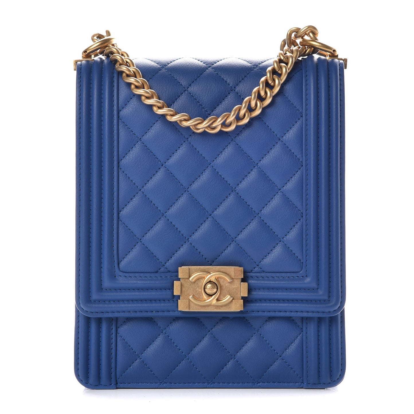 Calfskin Quilted North South Boy Flap Blue
