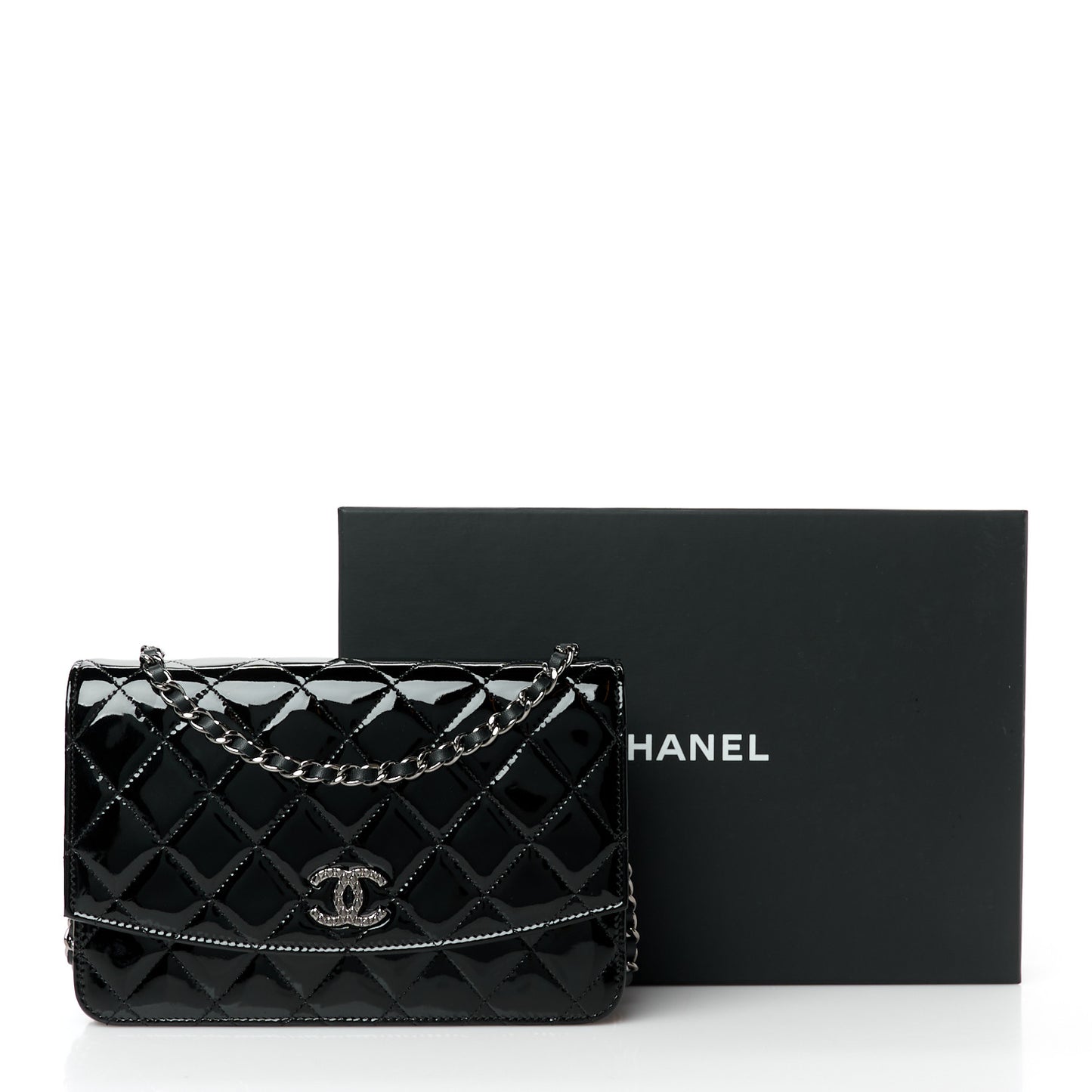 Patent Quilted Brilliant Wallet On Chain WOC Black