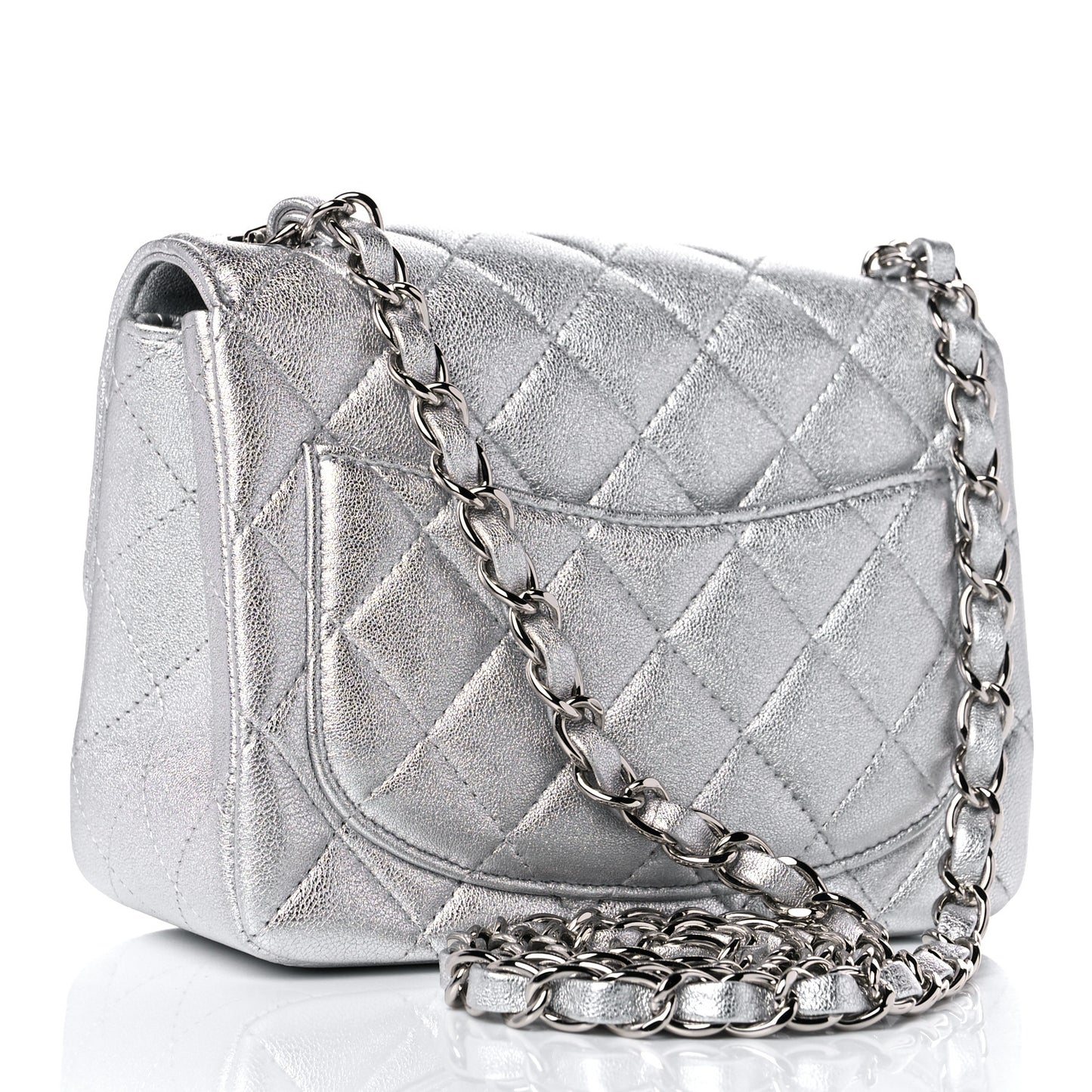 Metallic Lambskin Quilted Mini Square Flap Silver