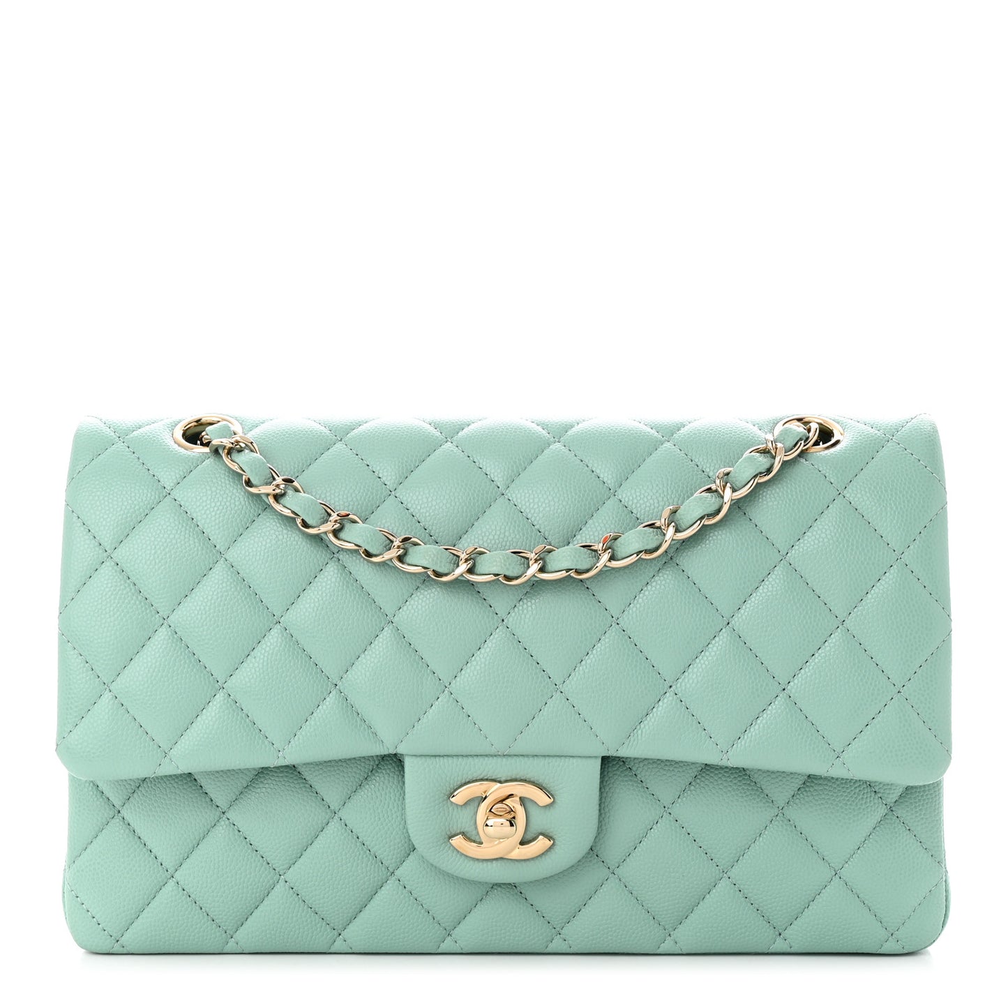Caviar Quilted Medium Double Flap Light Blue