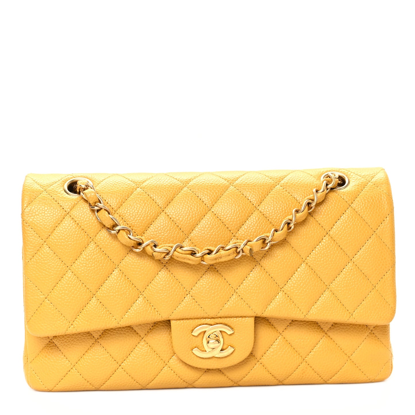 Caviar Quilted Medium Double Flap Yellow