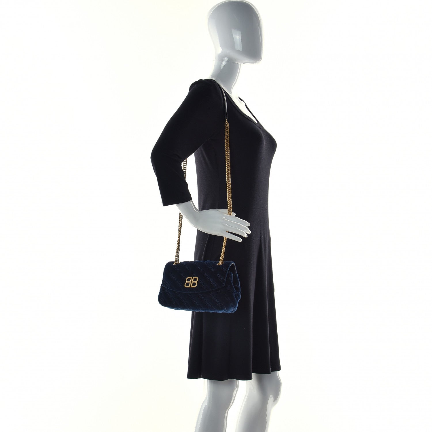 Balenciaga Velvet Logo Matelasse BB Chain Wallet Navy 2 of 10