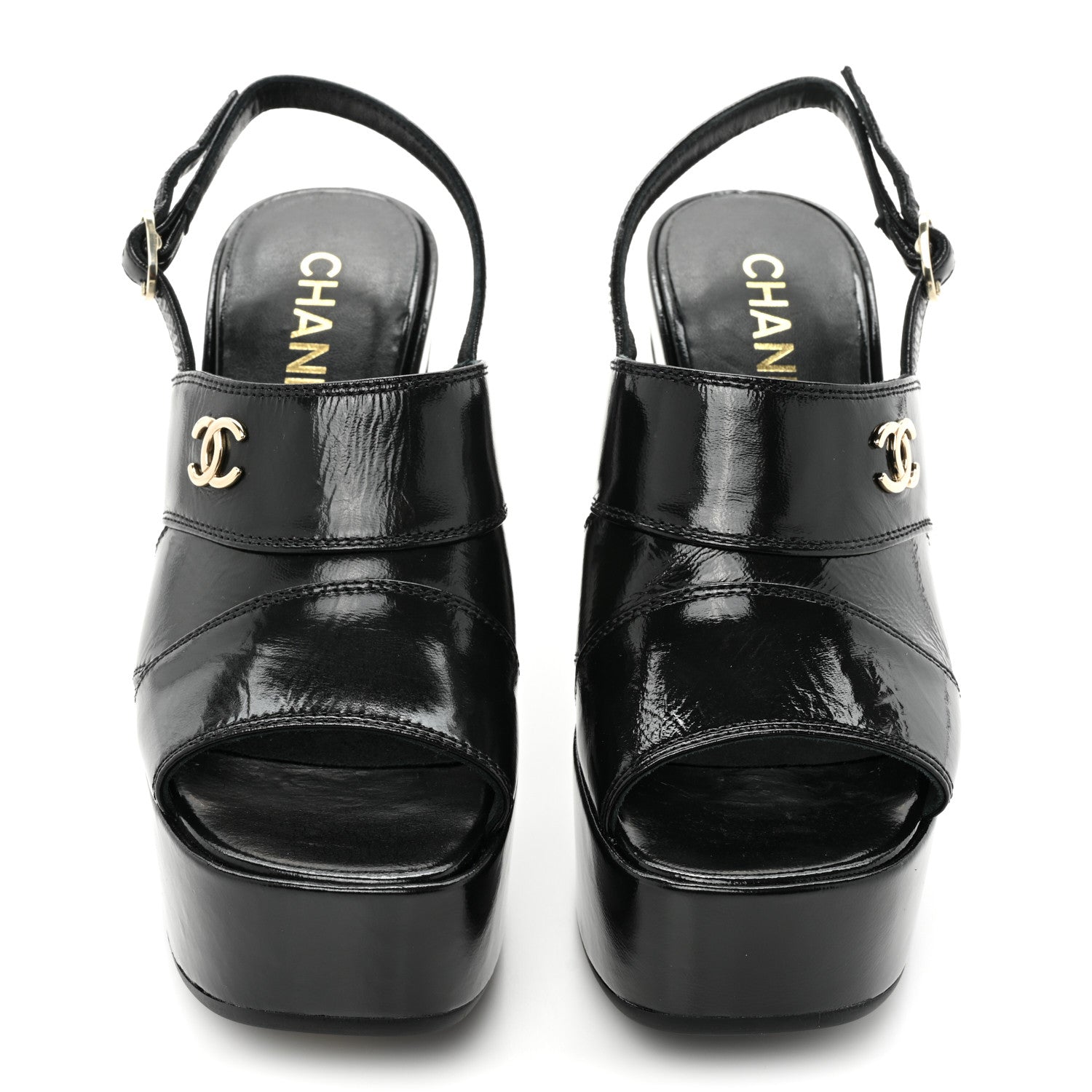 Chanel Crumpled Patent Lambskin Platform Sandals 36 Black 2 of 9
