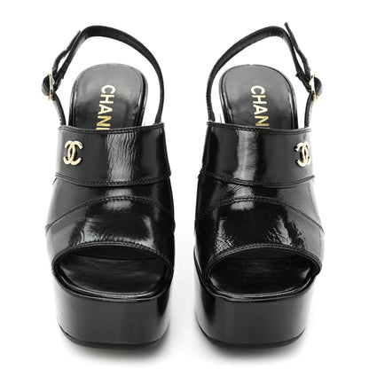 Chanel Crumpled Patent Lambskin Platform Sandals 36 Black 2 of 9