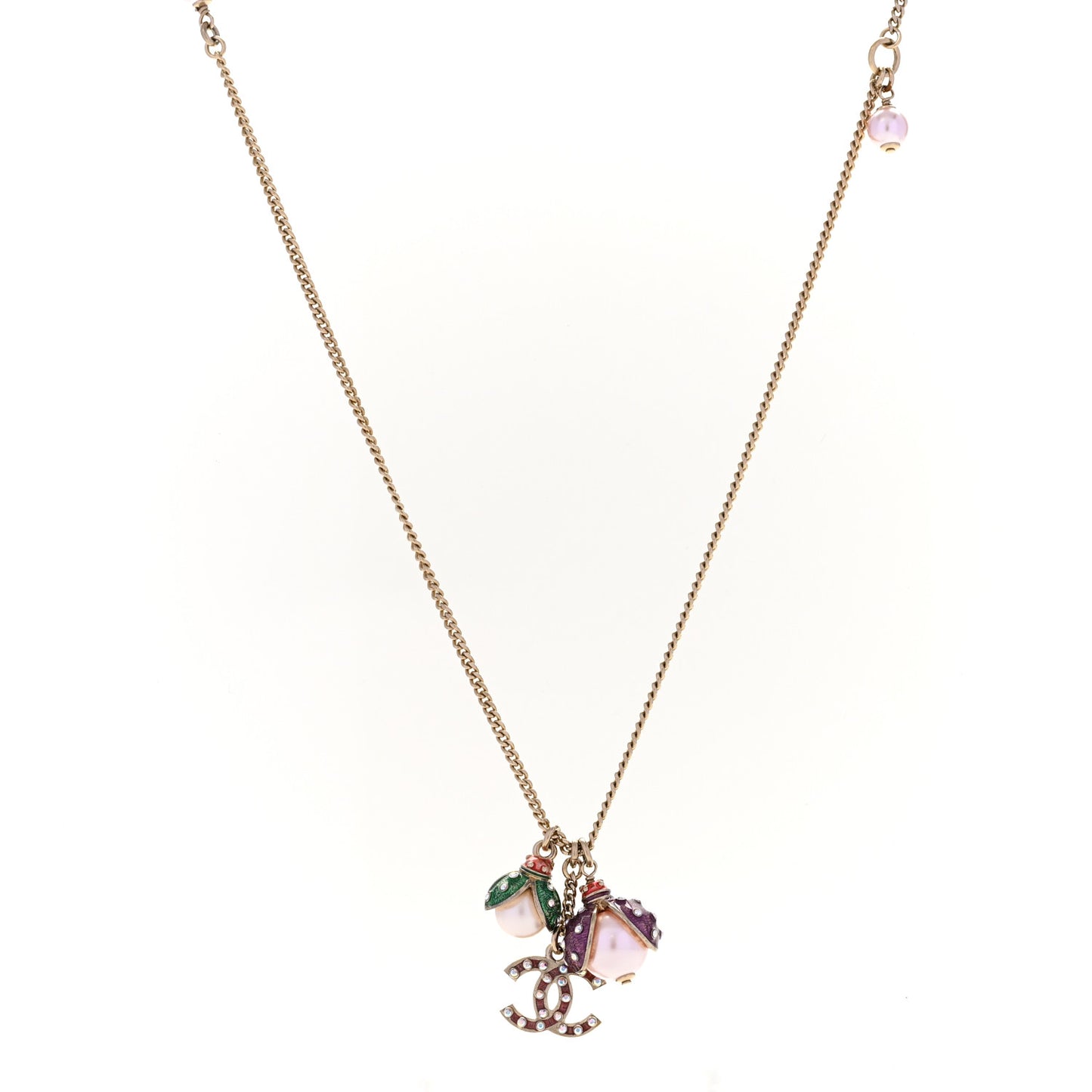 Enamel Pearl CC Ladybug Necklace Gold Pink