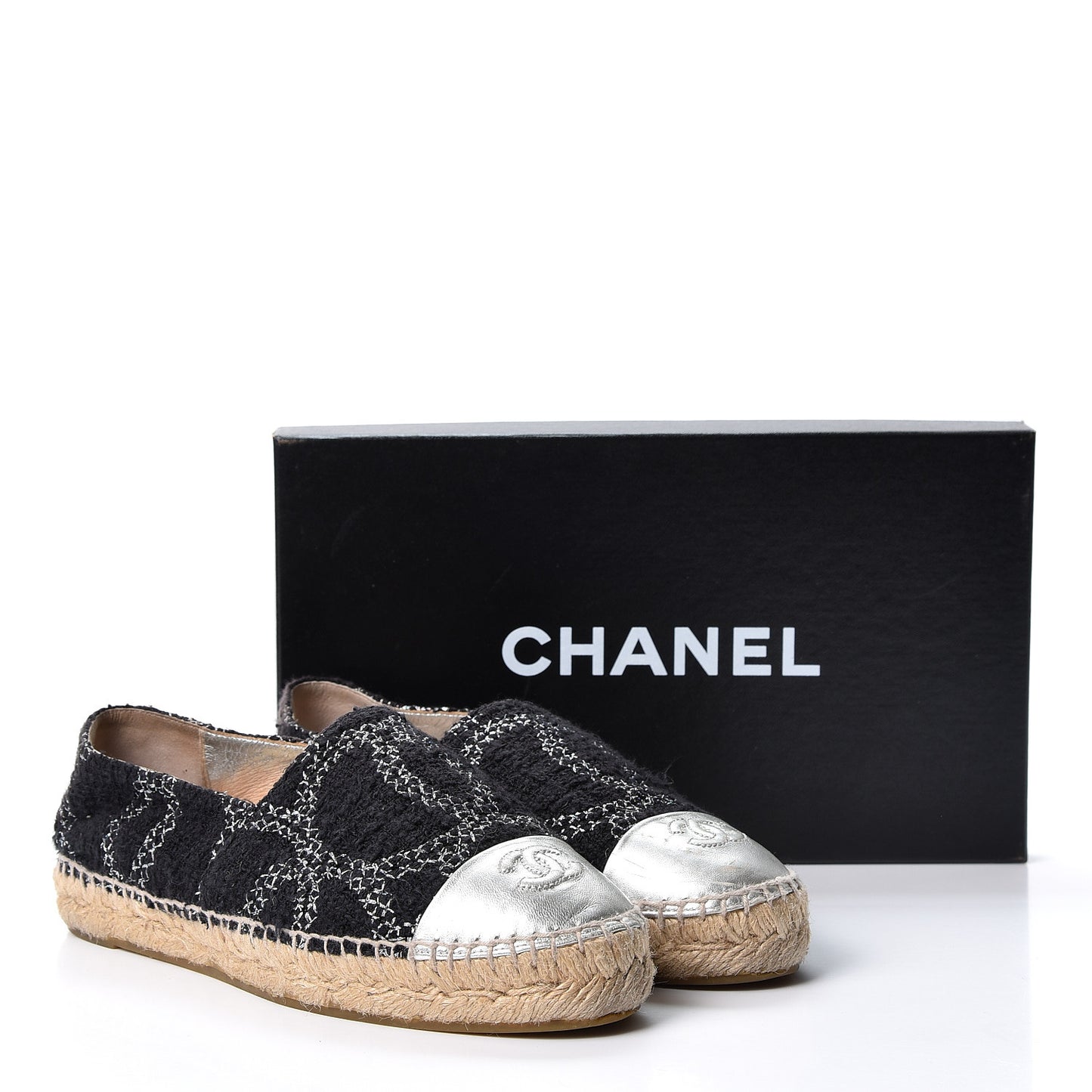 Tweed Lambskin CC Espadrilles 37 Black Silver