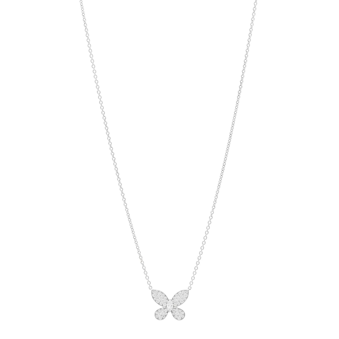 18K White Gold Diamond Small Butterfly Pendant Pave Necklace