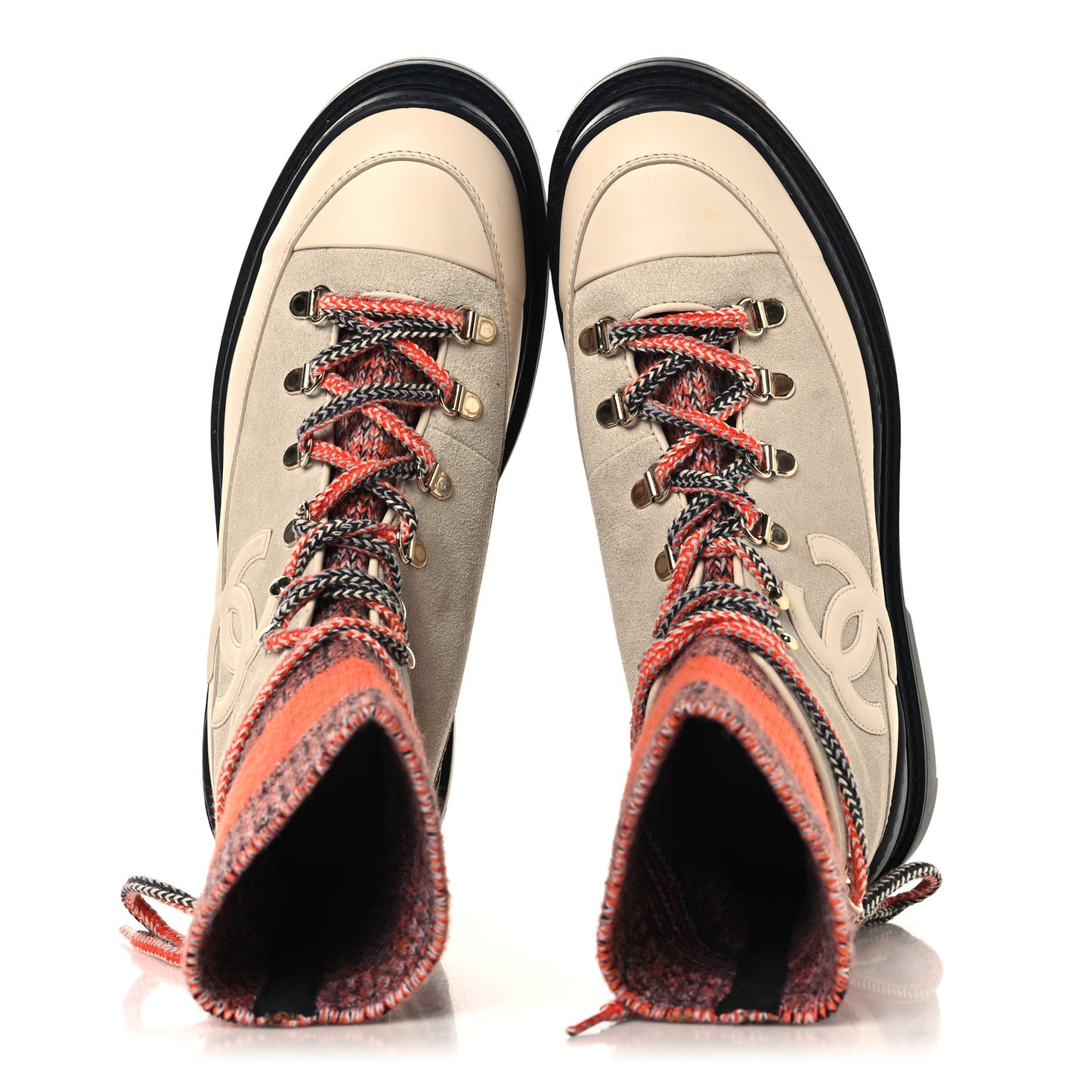 Calfskin Suede Calfskin Knit Womens Sock Lace Up Boots 39 Orange Dark Grey Ivory