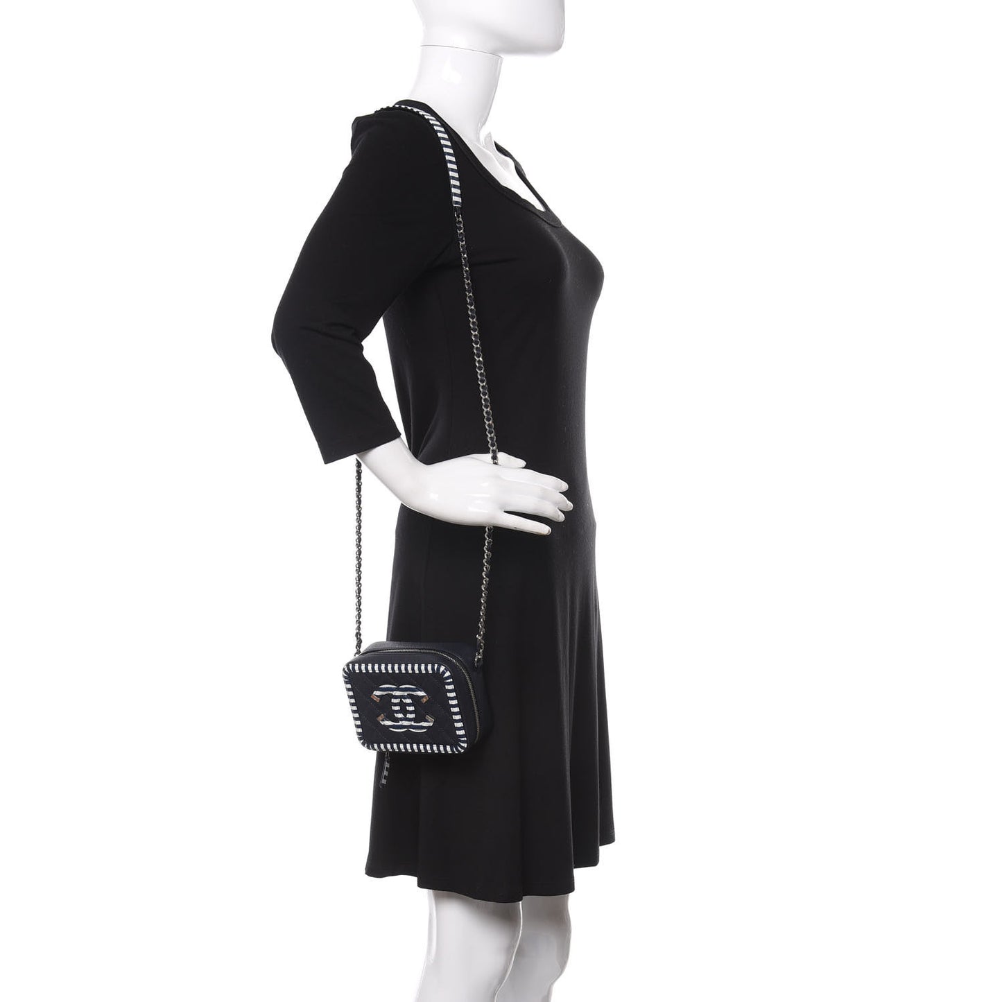 Caviar Quilted Striped Filigree Vanity Clutch With Chain Navy White