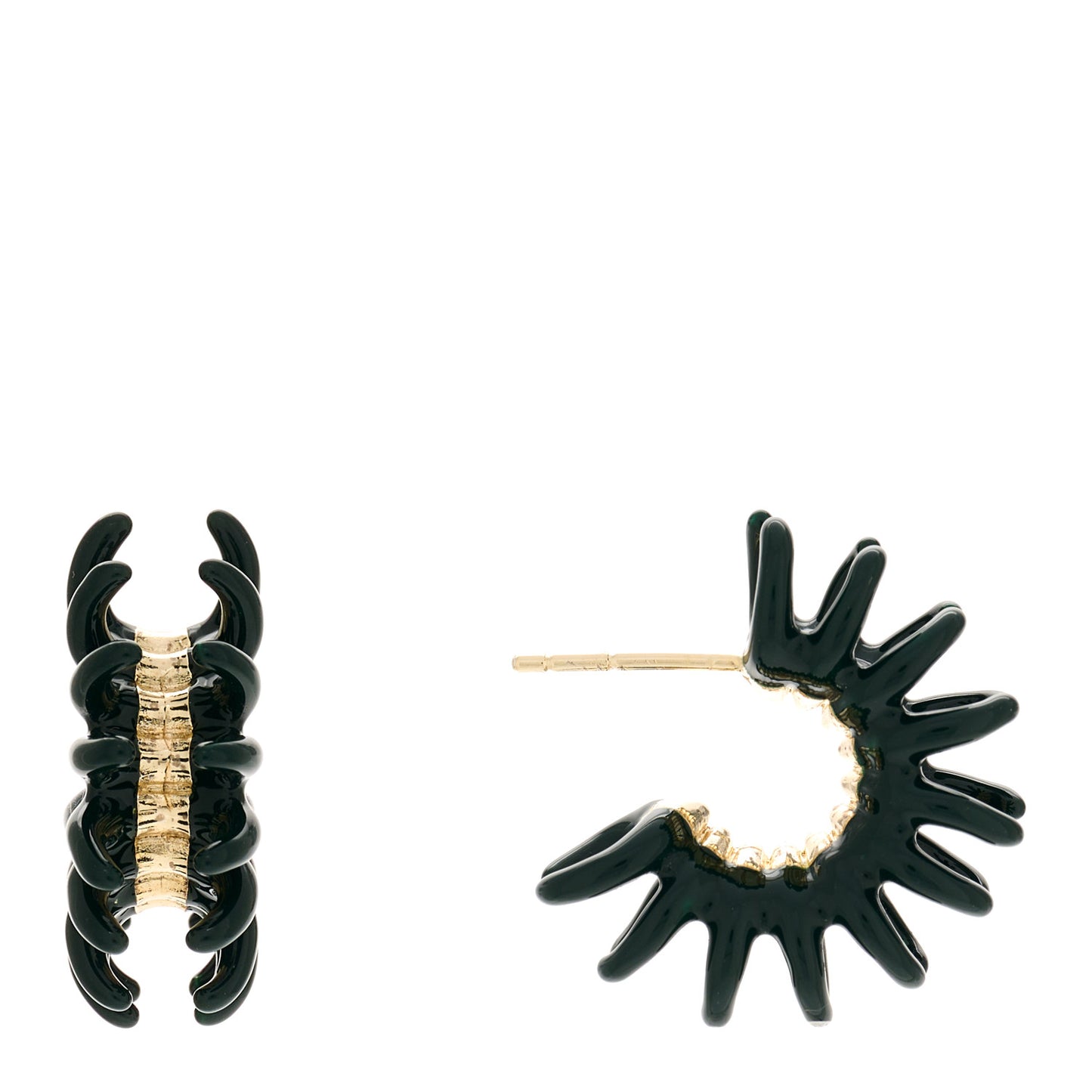 18K Yellow Gold Sterling Silver Enamel Spine Hoop Earrings Dark Green