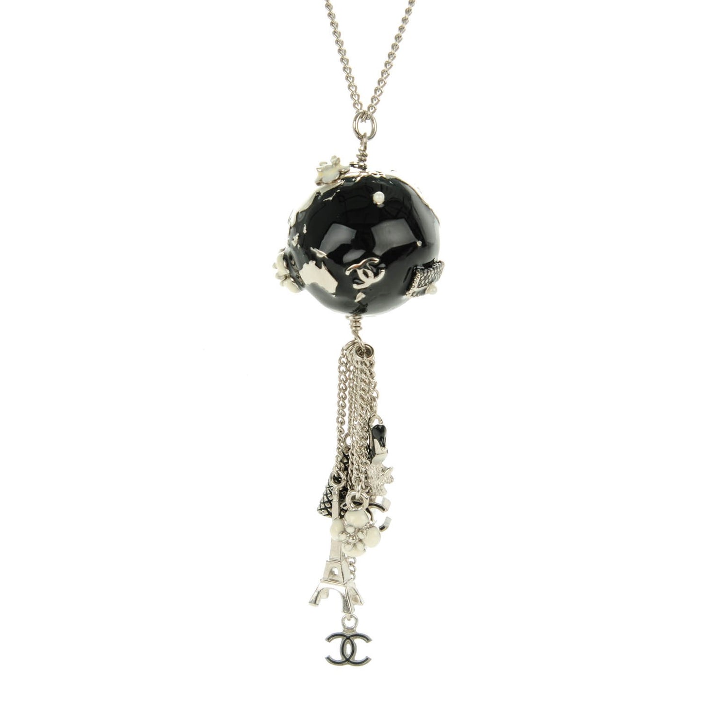 Camellia CC Globe Drop Pendant Necklace Black Silver