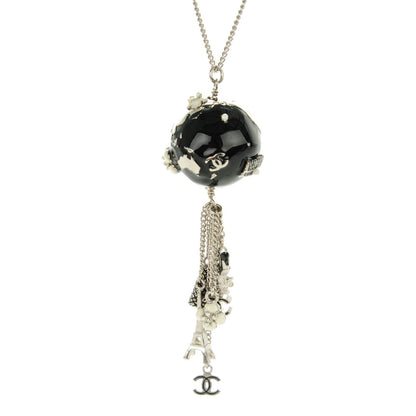 Chanel Camellia CC Globe Drop Pendant Necklace Black Silver 3 of 6