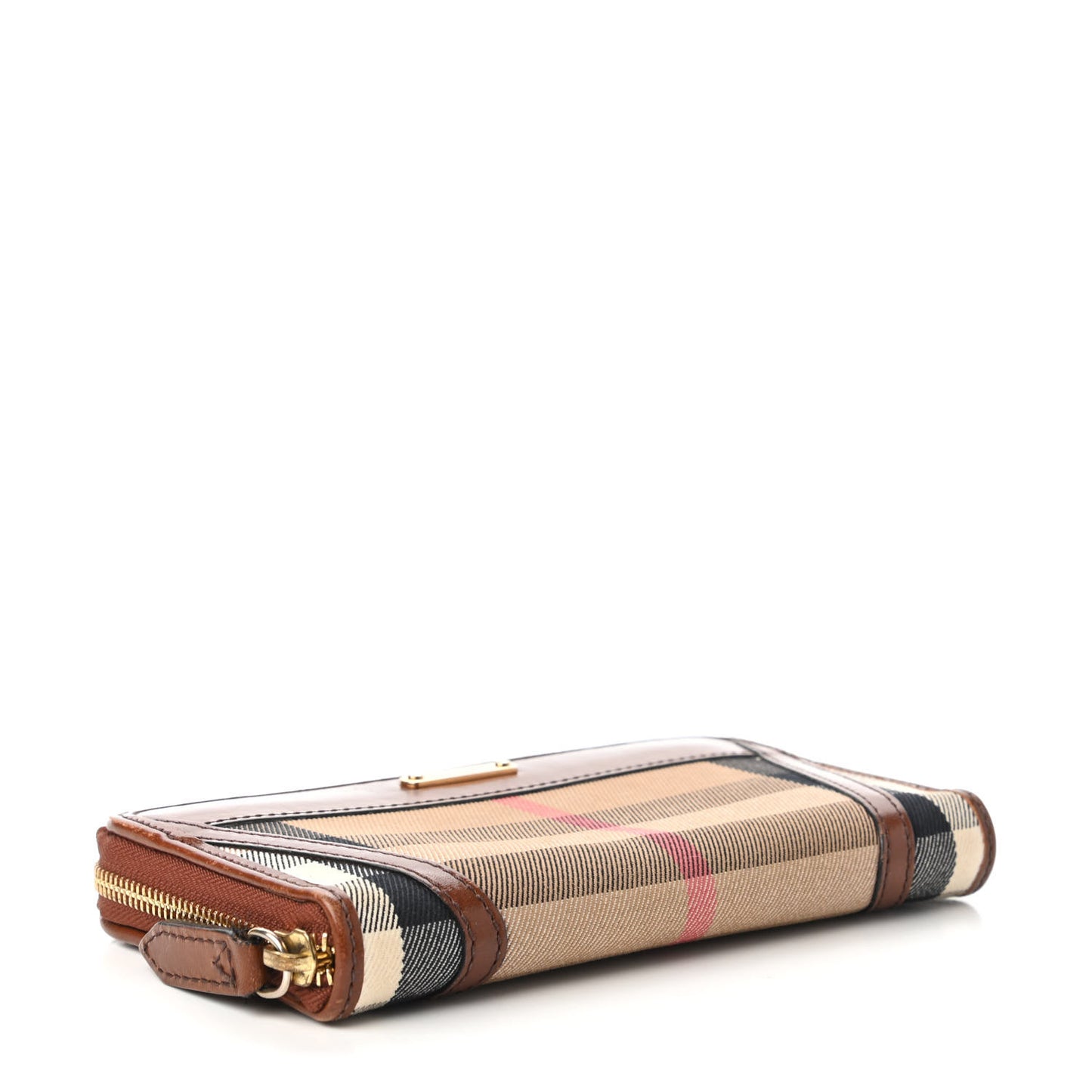 House Check Bridle Calfskin Ziggy Zip Around Wallet Dark Tan