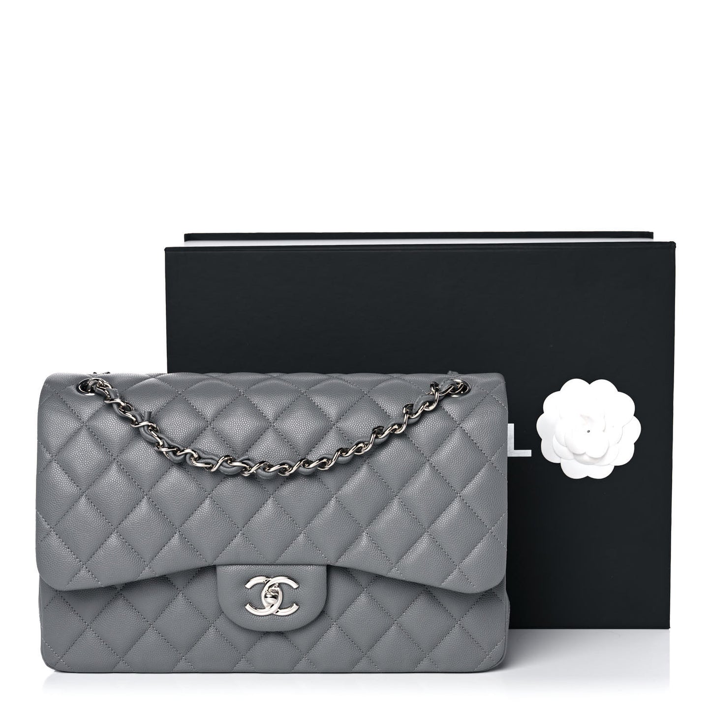 Caviar Quilted Jumbo Double Flap Grey