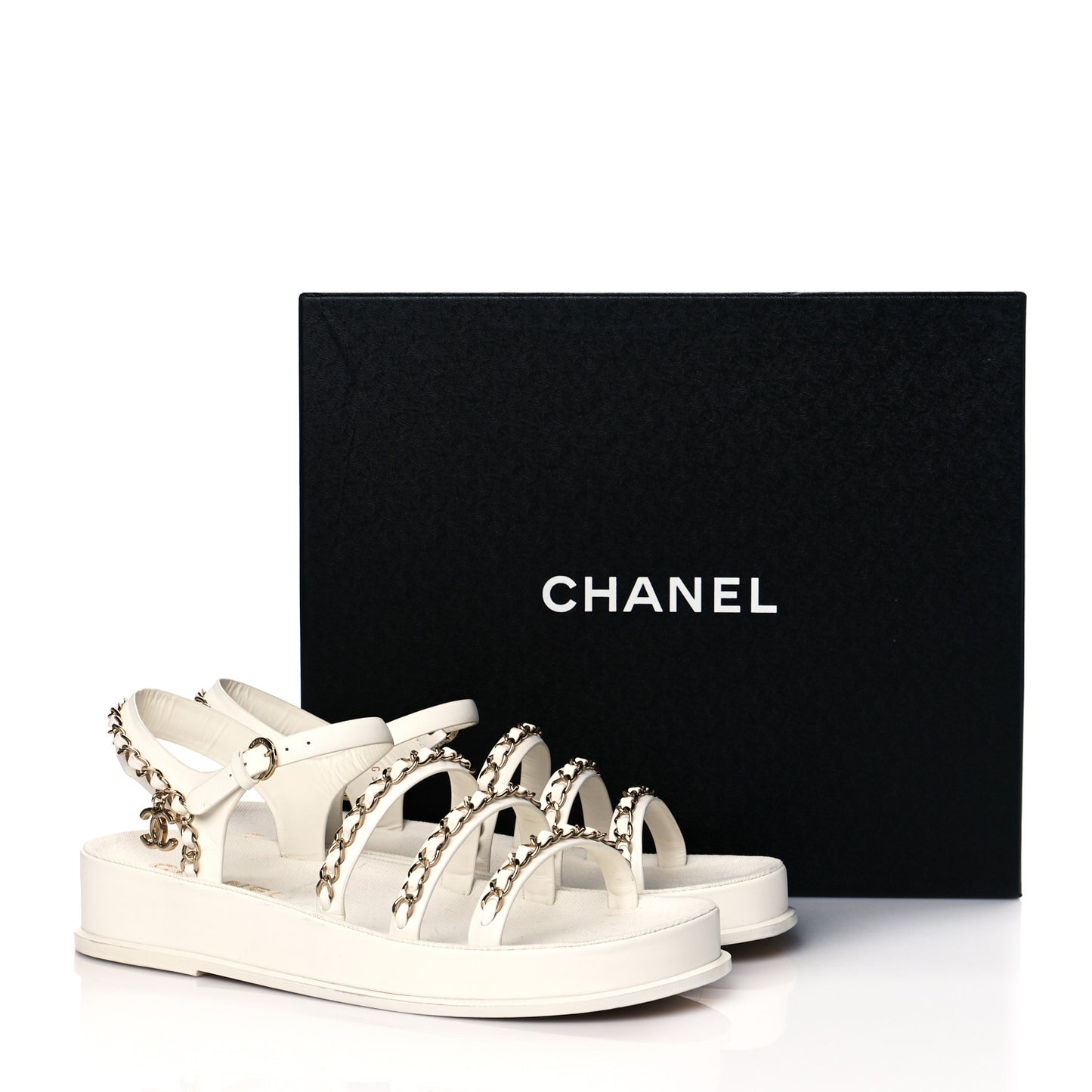 Calfskin Chain Platform Sandals 39 White