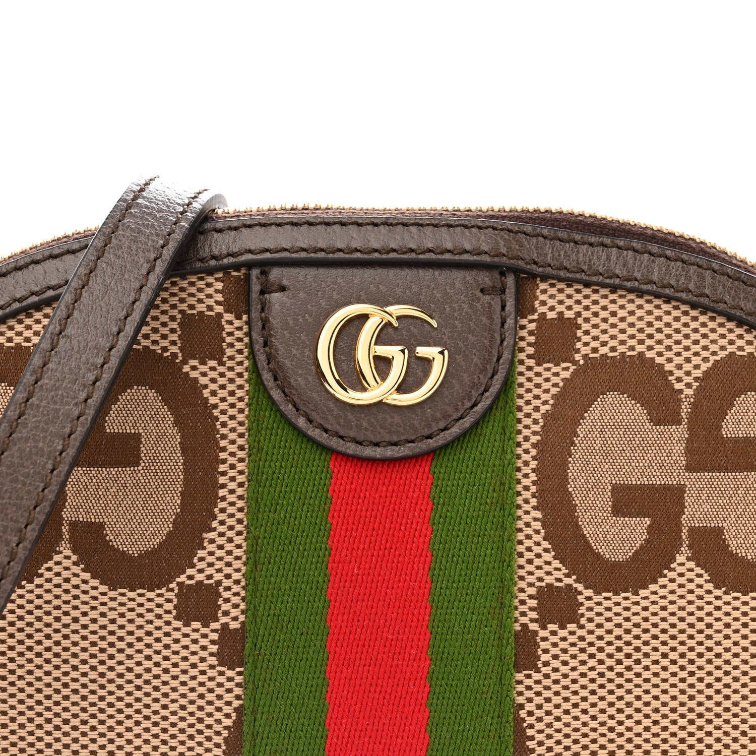 Gucci Monogram Jumbo GG Textured Dollar Calfskin Web Small Ophidia Dome Shoulder Bag Camel Ebony New Acero 8 of 12