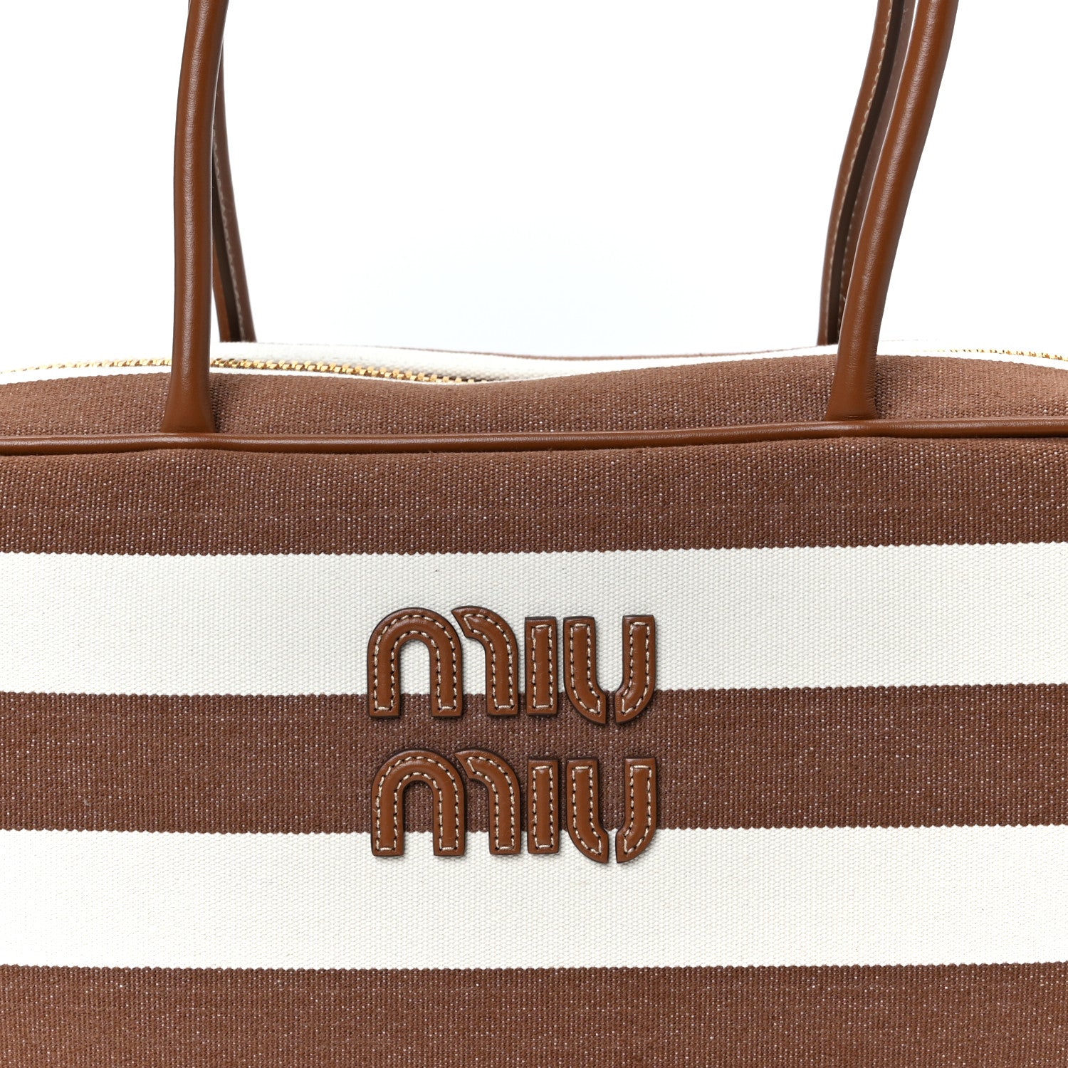 Miu Miu Canvas Calfskin Striped Large Beau Top Handle Bag Naturale
