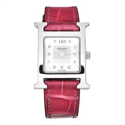 Hermes Stainless Steel Alligator Diamond Mother of Pearl 21mm Heure H Hour Quartz Watch Framboise 1 of 10