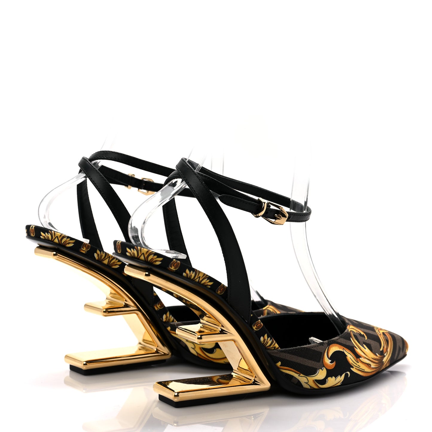 X VERSACE Silk Calfskin Fendace Fendi First 95mm Slingback Sandals 37 Tobacco Black Gold