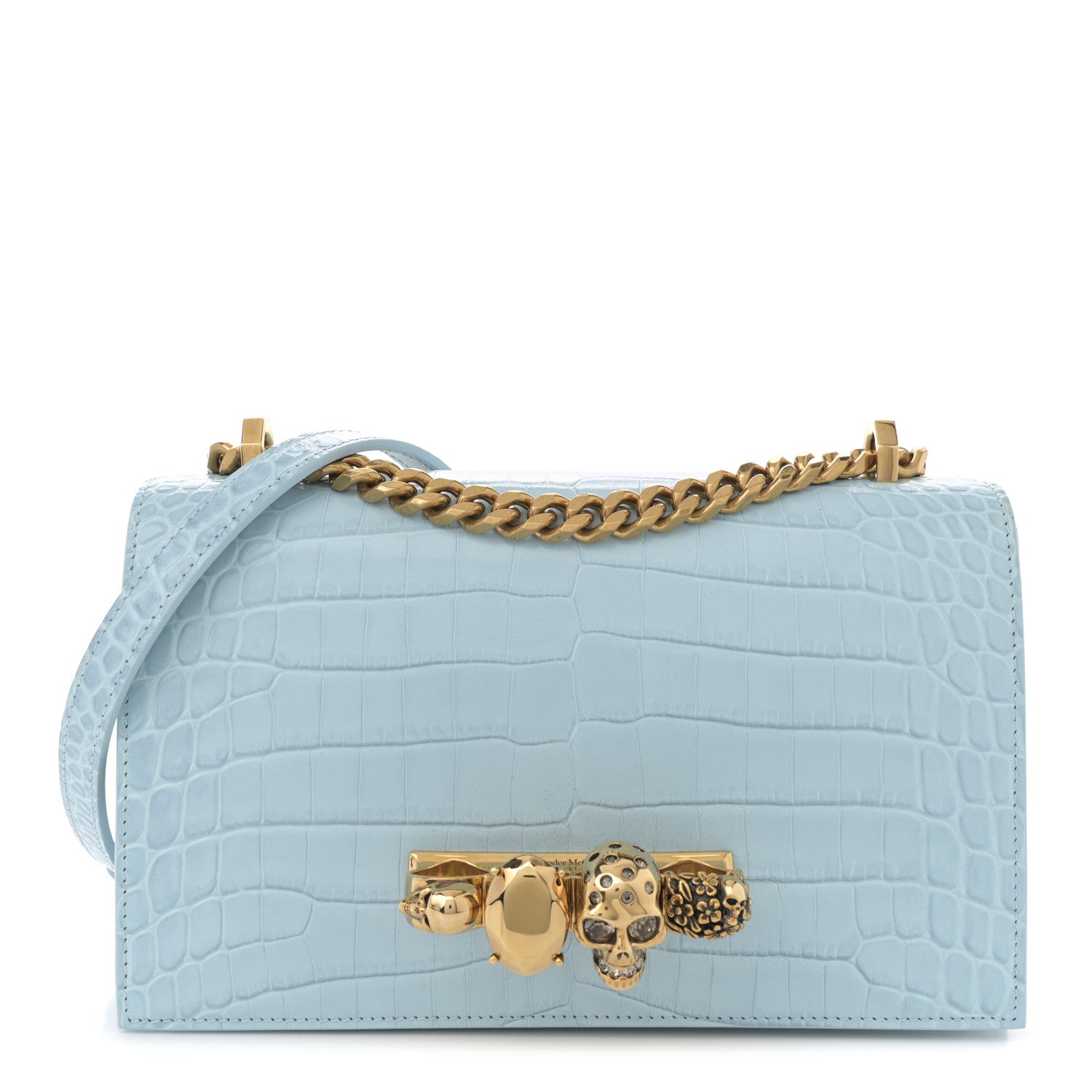 Alexander McQueen Shiny Crocodile Embossed Jeweled Satchel Pale