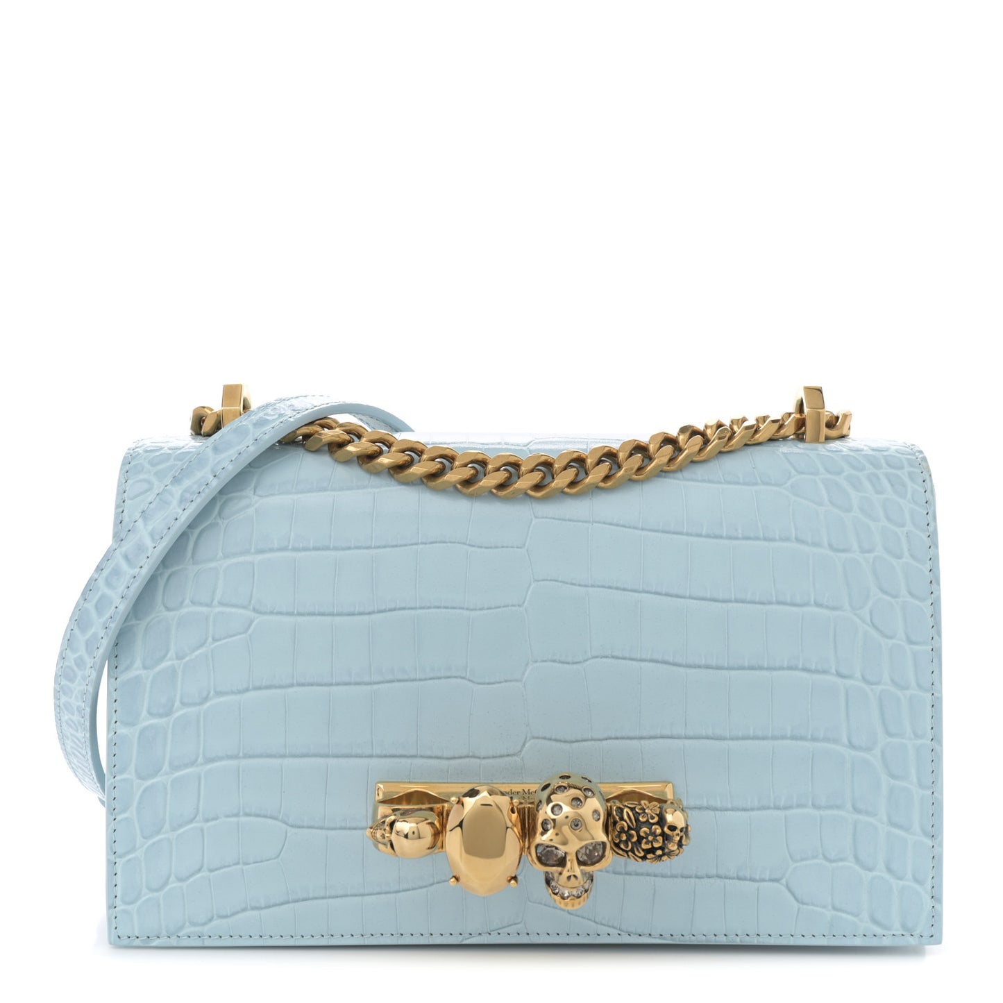 Shiny Crocodile Embossed Jeweled Satchel Pale Blue