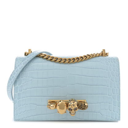 Alexander McQueen Shiny Crocodile Embossed Jeweled Satchel Pale Blue 1 of 12
