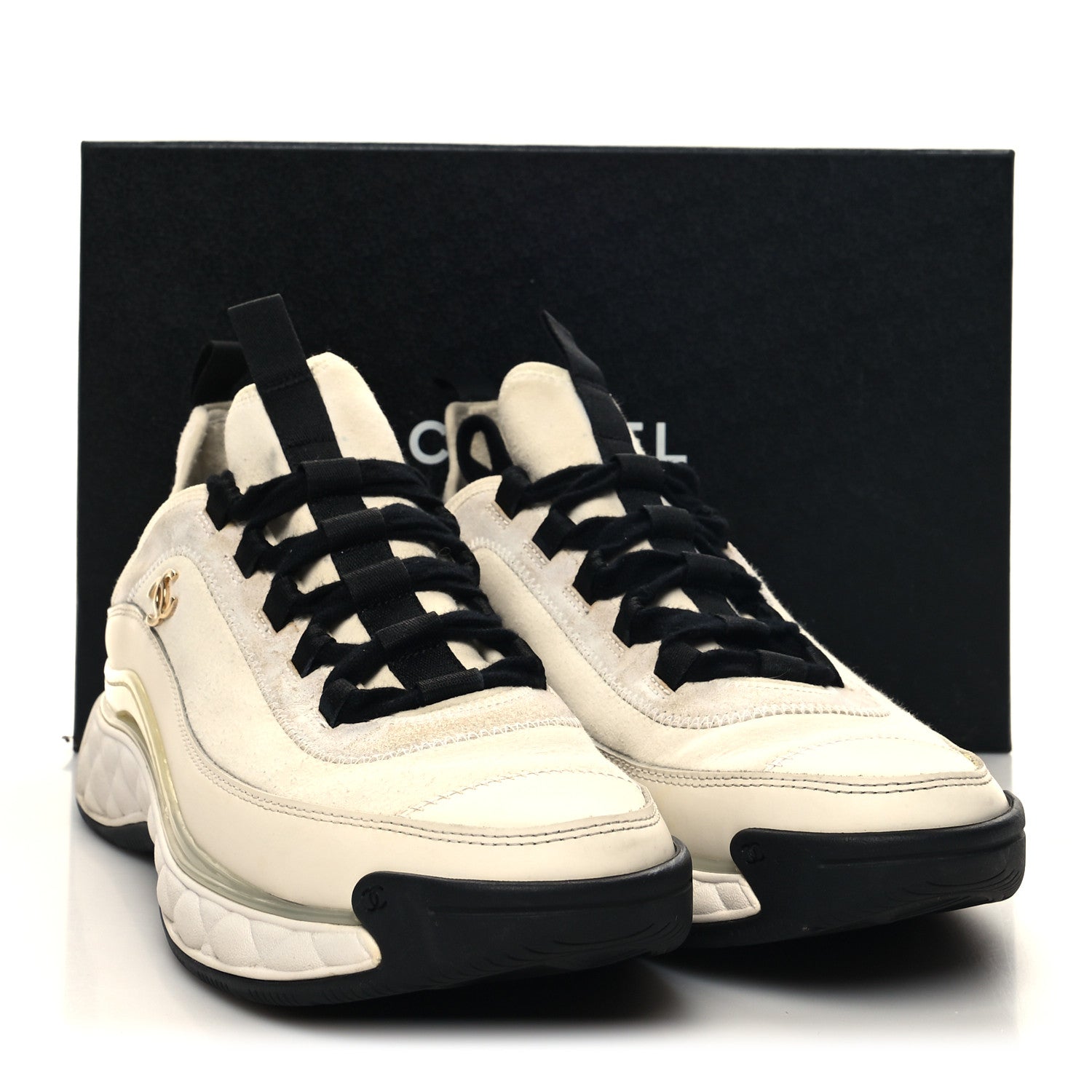 Chanel Velvet Calfskin Mixed Fibers CC Sneakers 40 Ivory Black 10 of 10