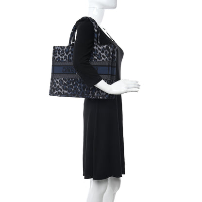 Christian Dior Canvas Mizza Embroidered Medium Leopard Book Tote Blue 2 of 11