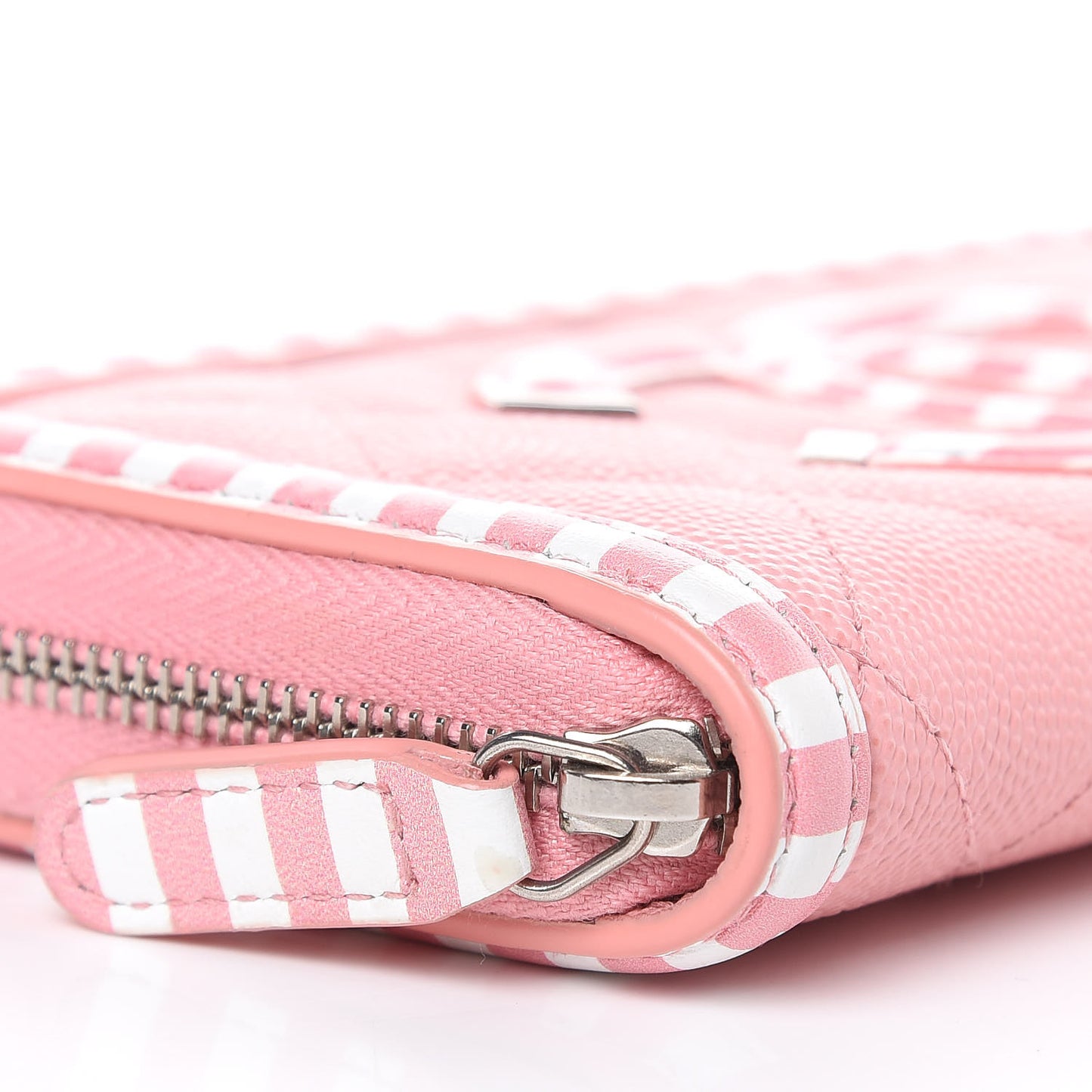 Caviar Quilted Medium Stripe Filigree Zip Around Wallet Pink White
