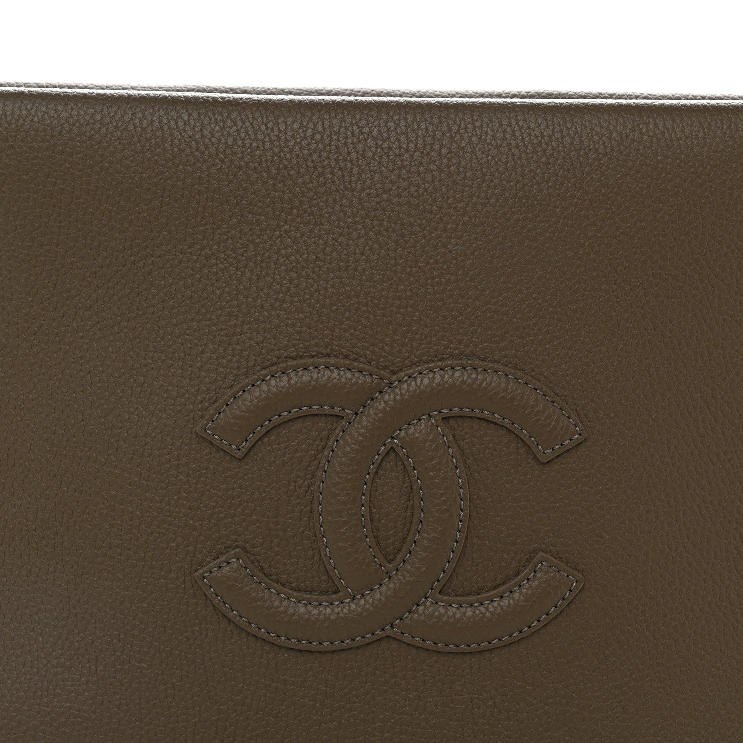 Chanel Grained Calfskin Large Zippered Pouch Dark Khaki 7 of 9